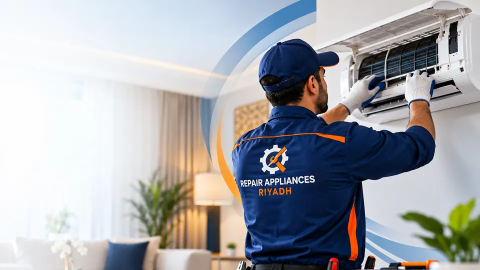 Technician working on the indoor unit of a wall-mounted split air conditioner