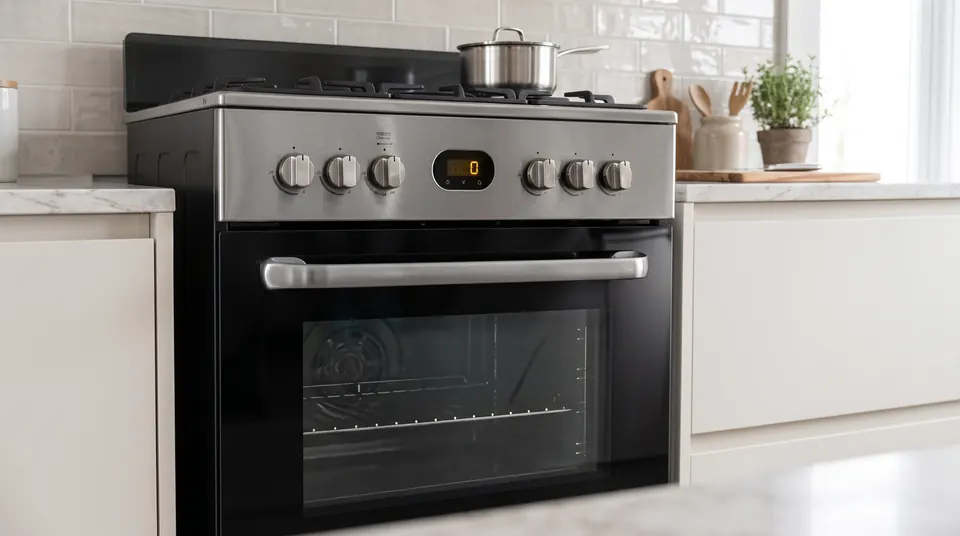 Stainless steel cooker with an oven and gas hob