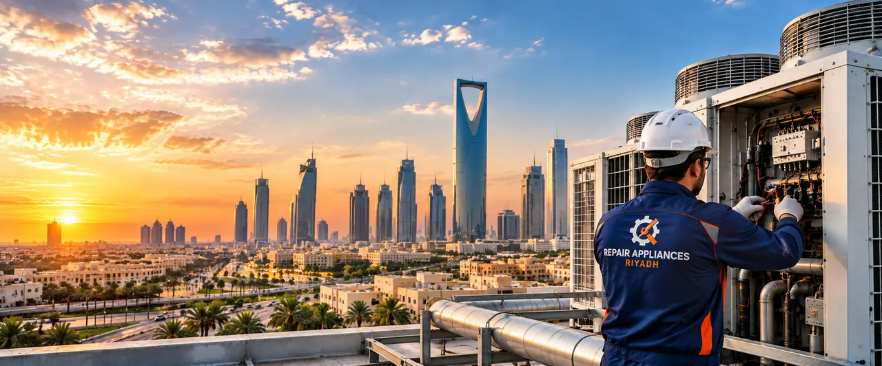 فني يصلح وحدة تكييف على سطح مبنى مع أفق الرياض وقت الغروب