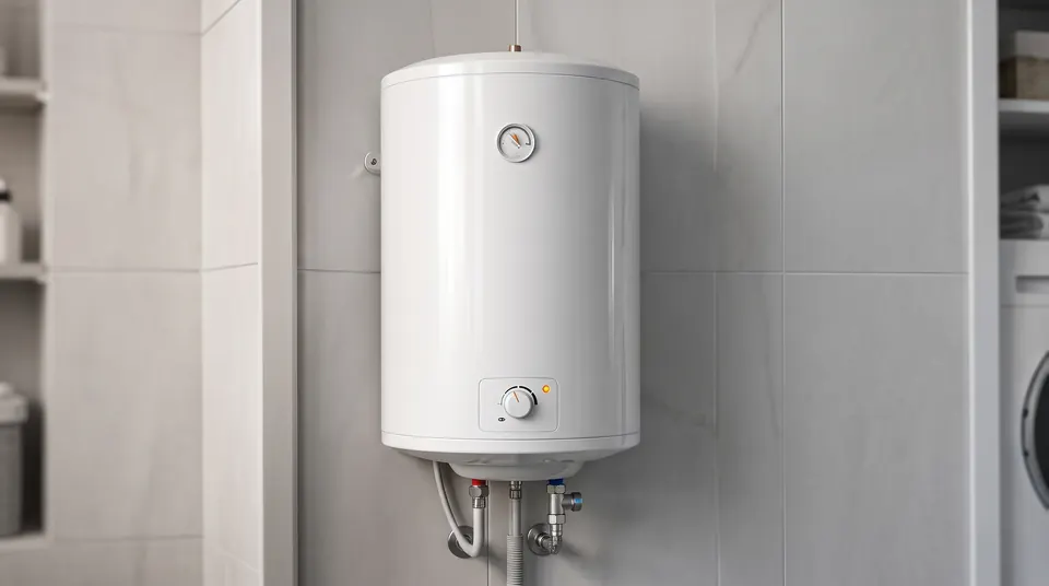Wall-mounted electric water heater in a bathroom